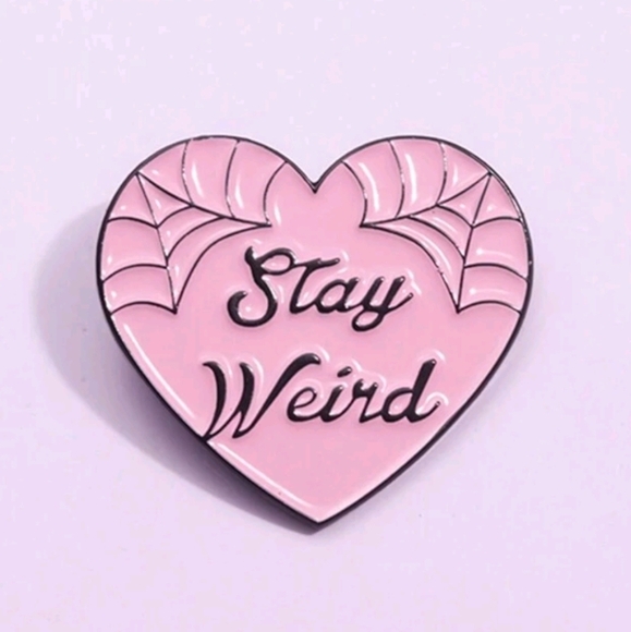 Fun Novelty Enamel Pin Stay Weird Pink Spider Web Goth - Picture 2 of 4